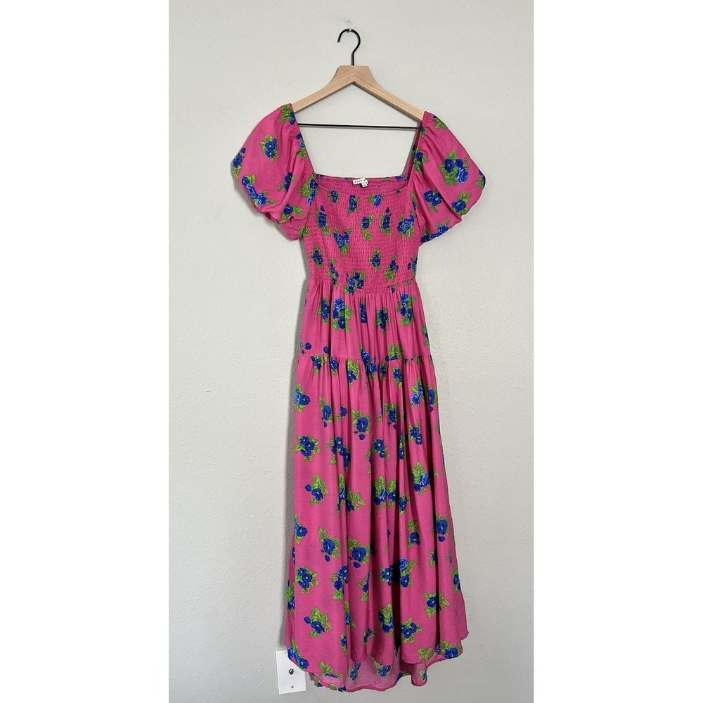 Anthropologie Moon River Pink Floral Smocked Puff Sleeve Cottagecore Maxi Dress